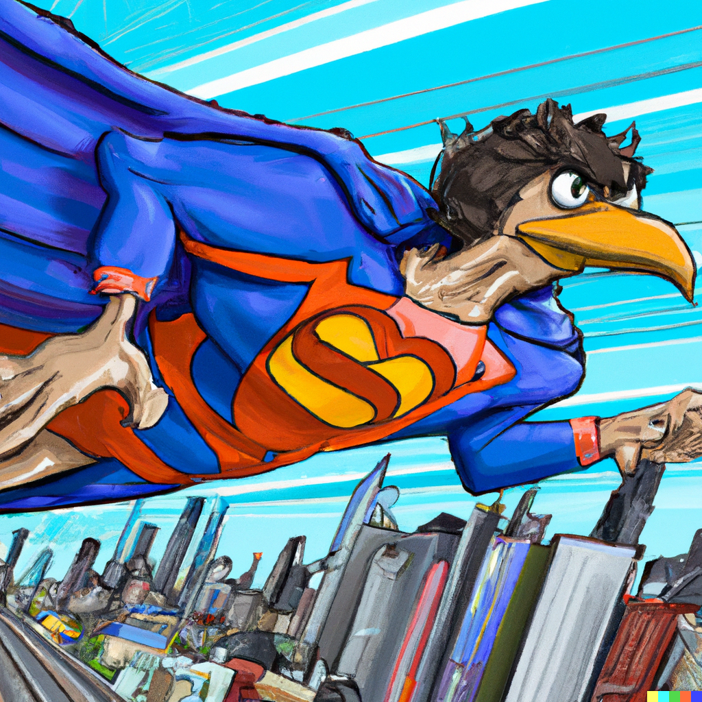 A DALL-E (a deep learning text prompt image generator) image of an emu in a superman costume.
