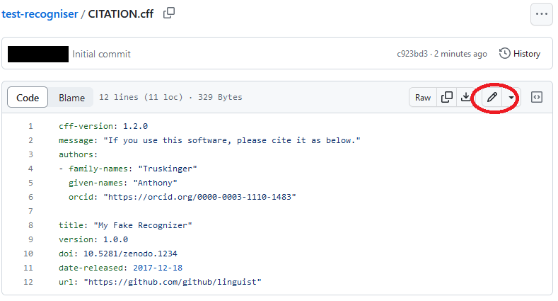 Screenshot of the Citation.cff file.