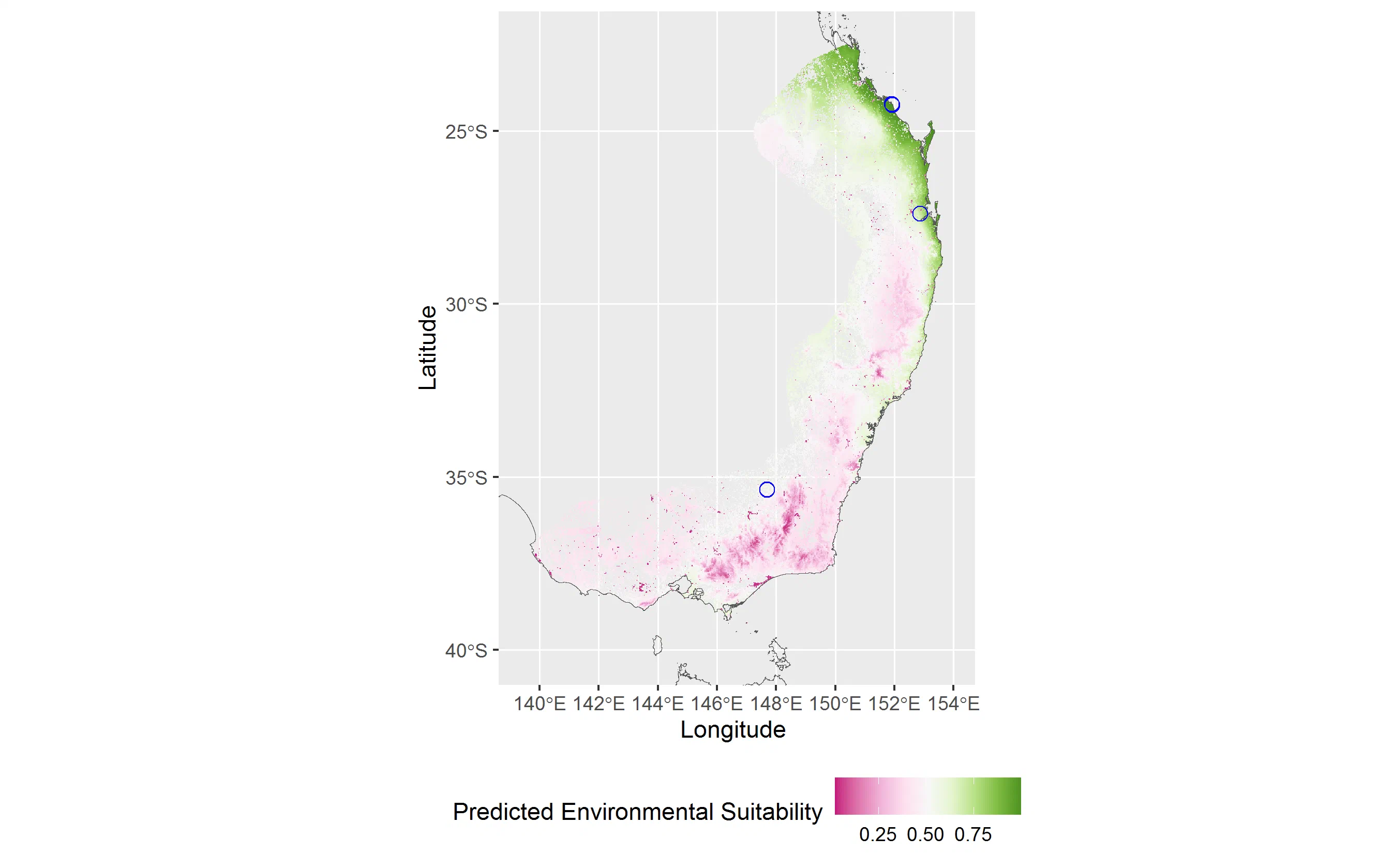 Figure 3: MaxEnt prediction of environmental suitability using Powerful Owl prescence data and five environmental layers. Prescenes are marked with blue circles (note that some records are overlapping due to the scale).